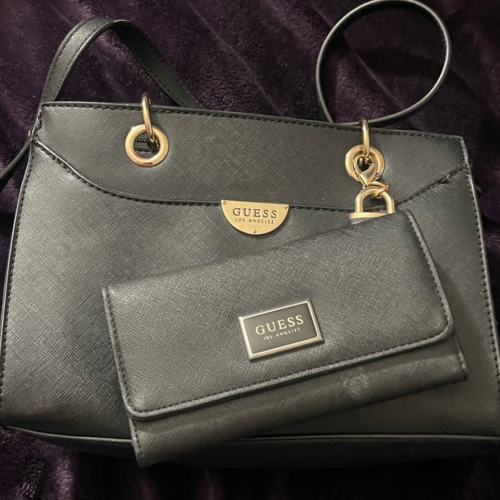 GUESS Black and Gold Shoulder Bag with Wallet